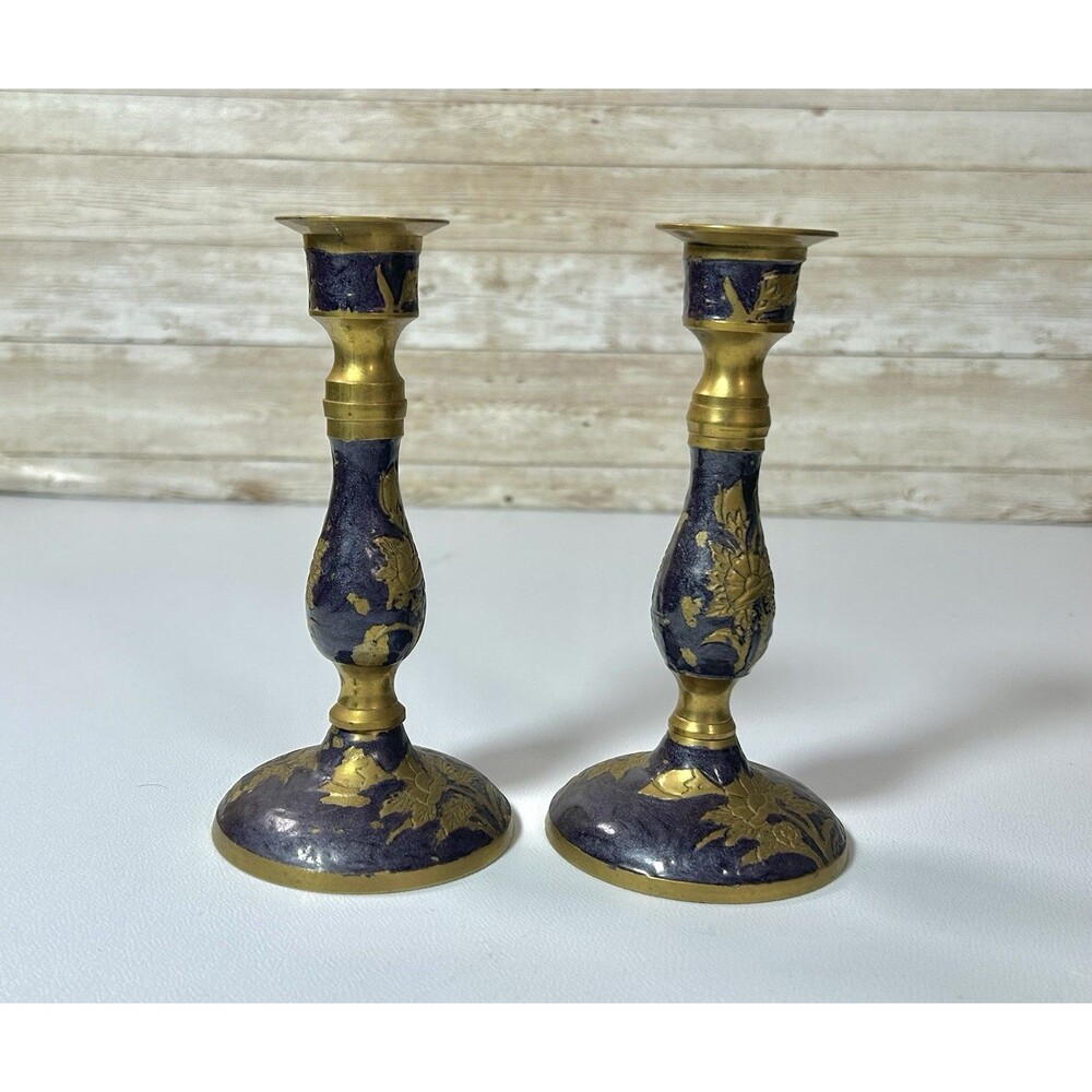 2 Vintage Brass Candlestick Holders Made in India Purple & Gold Floral Enamel